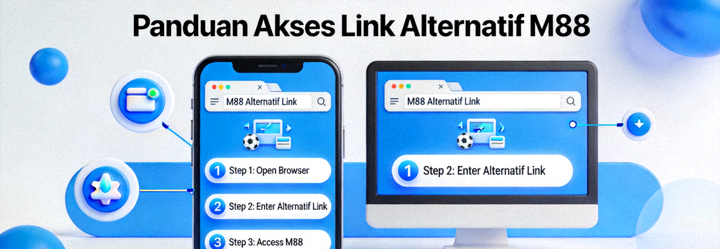 Animasi panduan akses link alternatif M88 melalui perangkat mobile dan desktop
